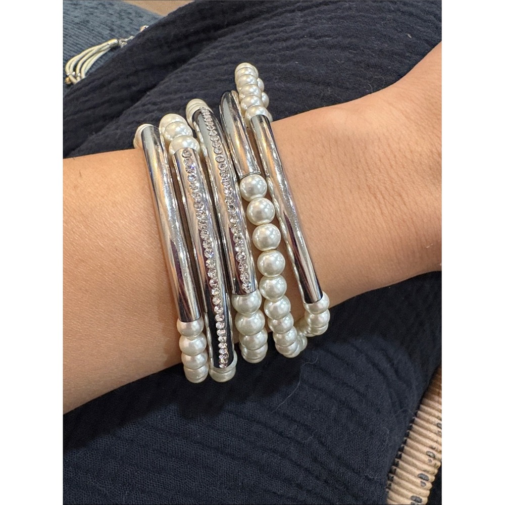 5-Chico's Faux Pearl 5 Strand Bracelet with Crystals 30 Year Anniversary Edition